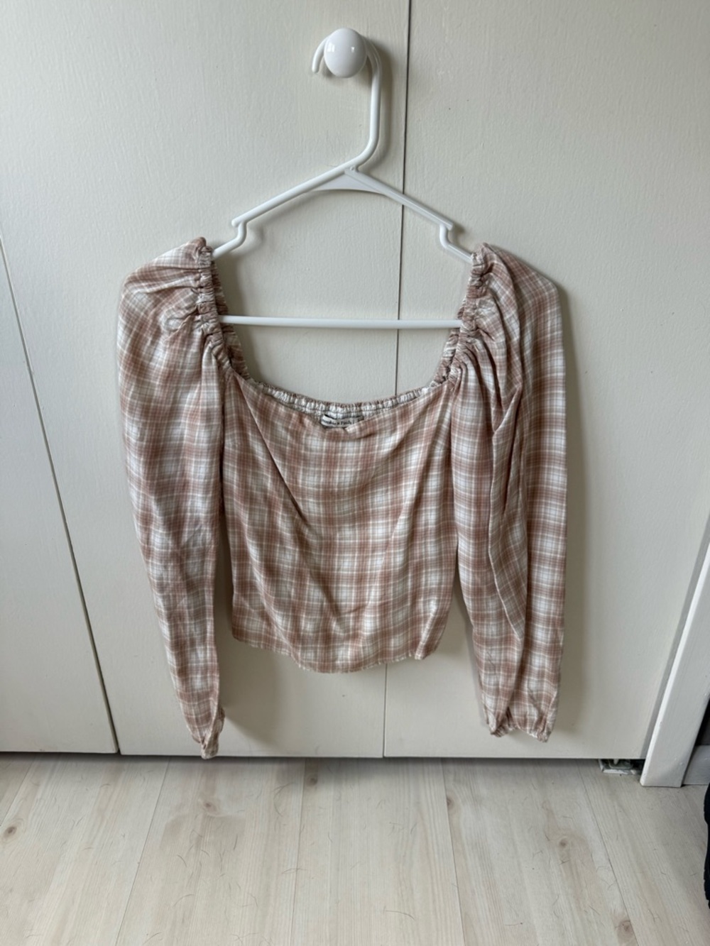 Abercrombie & Fitch Plaid Long Sleeve Top in Light Brown and Cream